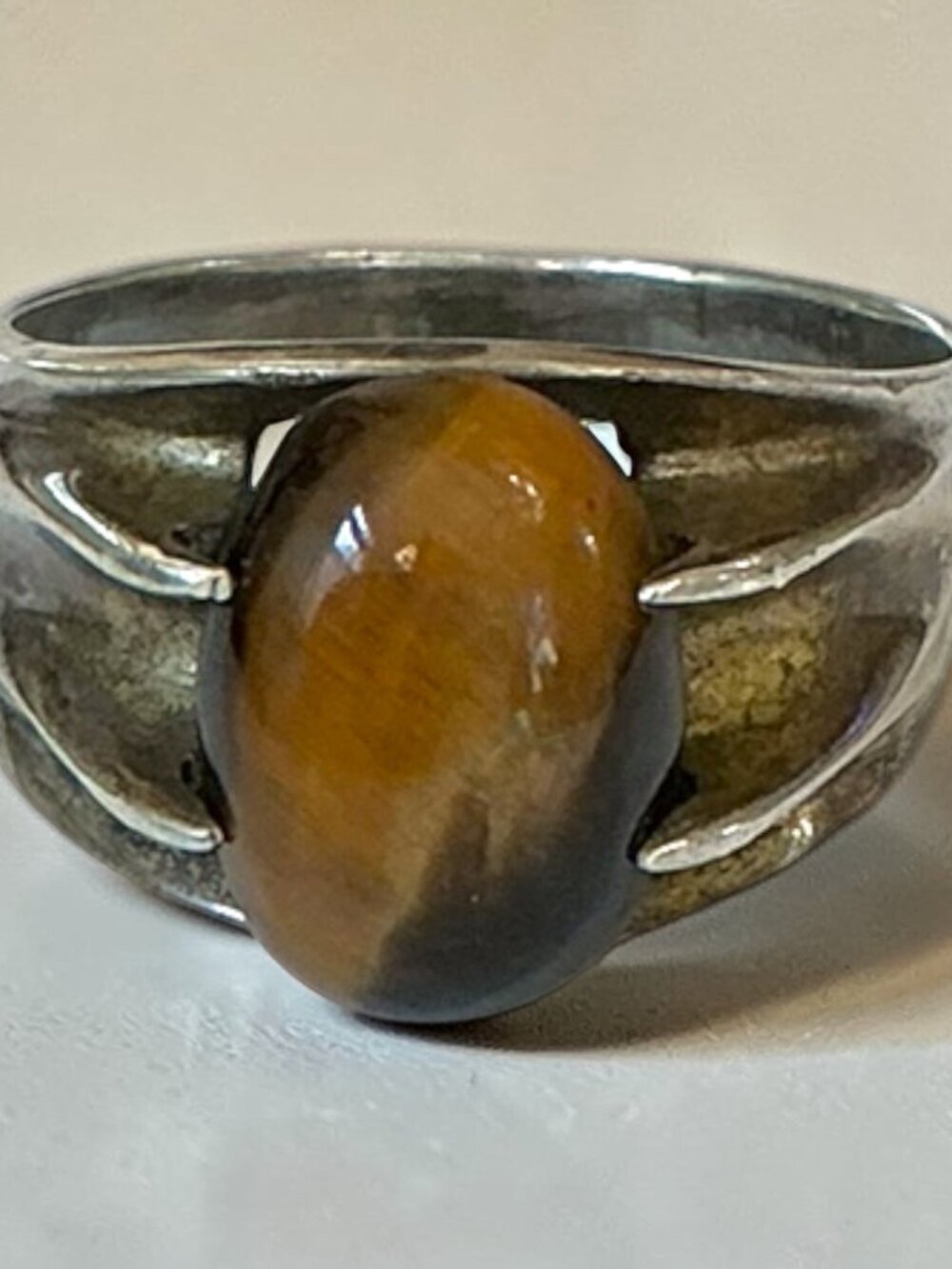 Tigers Eye Stone Sterling Silver Ring Made In Mexico Size 11 Oval Cabochon Vinta